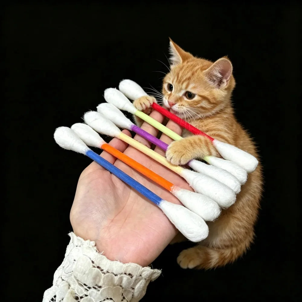 Orange kitten hugging a giant colorful cotton swab catnip chew toy
