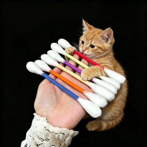 Orange kitten hugging a giant colorful cotton swab catnip chew toy