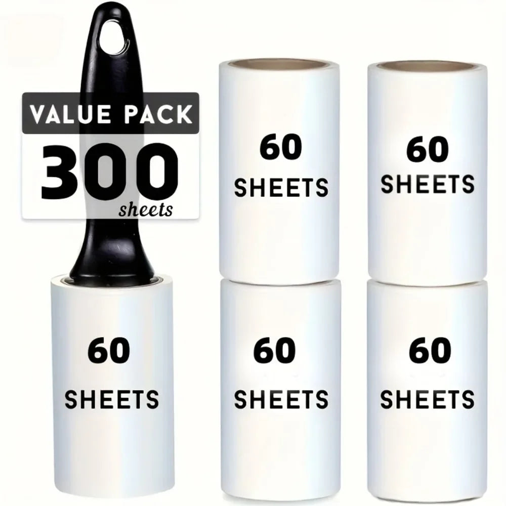 Pet hair lint roller with black handle and five 60-sheet refill rolls, 300-sheet value pack
