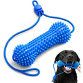 Blue spiky dental chew bone dog toy with tug rope, black Labrador chewing it