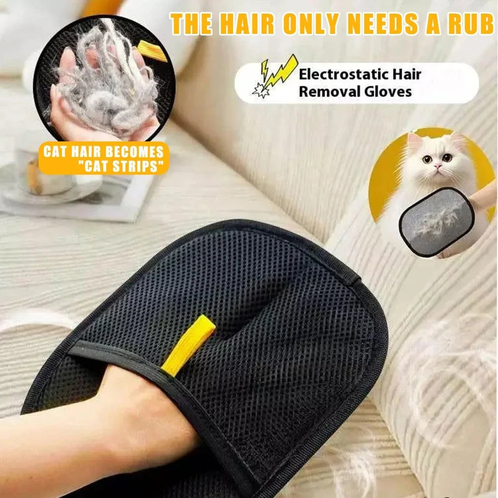 Hand wearing a black electrostatic pet hair removal glove on a couch, with collected cat hair shown