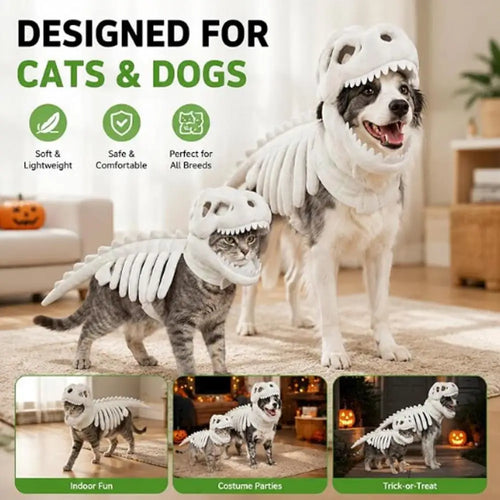 Dog and cat wearing white dinosaur skeleton Halloween pet costumes with dino hoods